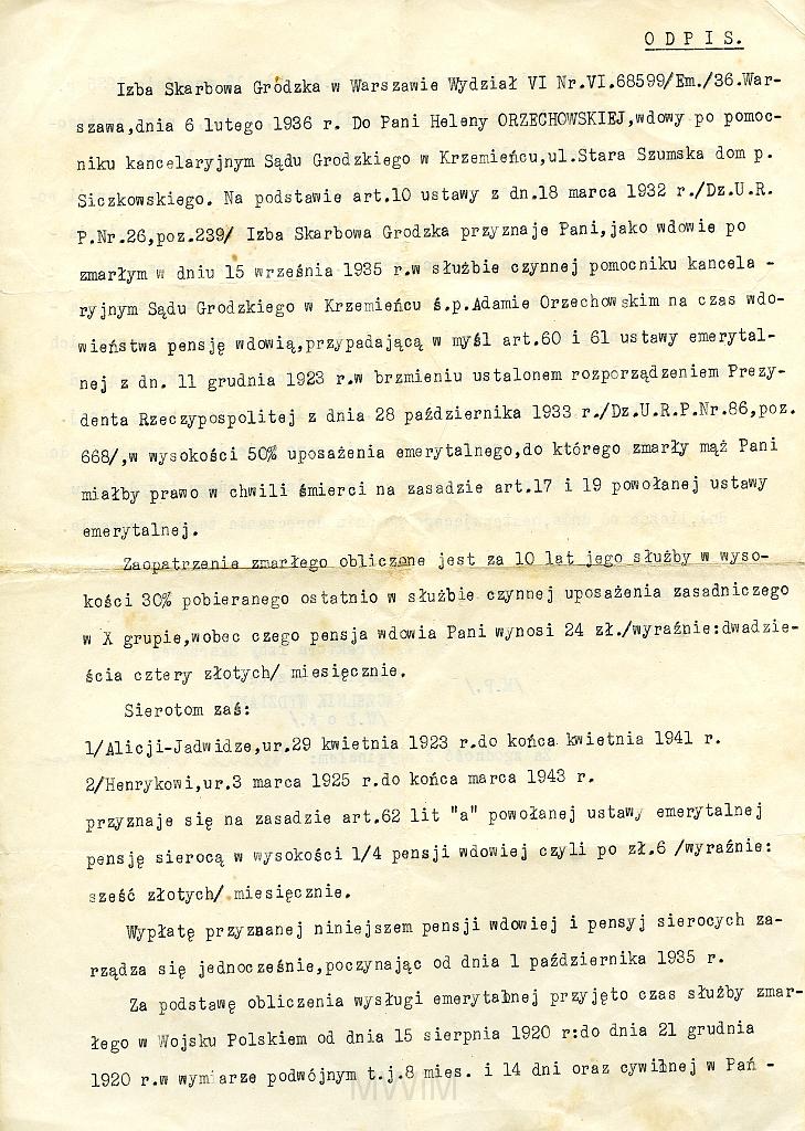 KKE 131.jpg - Odpis zaświadczenia o przyznaniu renty wdowiej Helenie Orzechowskiej